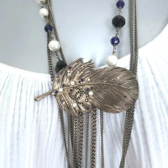 Chanel 06P Runway CC Feather Necklace Draped Chains Pearls & Beads - Picture 4 of 9